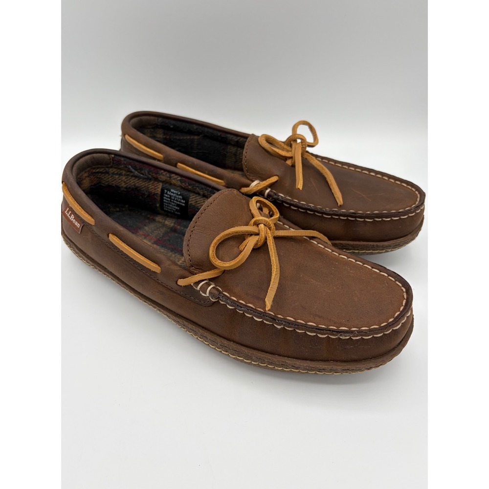 LL Bean Mens Wicked Good Moccasins Dark Brown Leather Flannel Lined Slippers 7 M